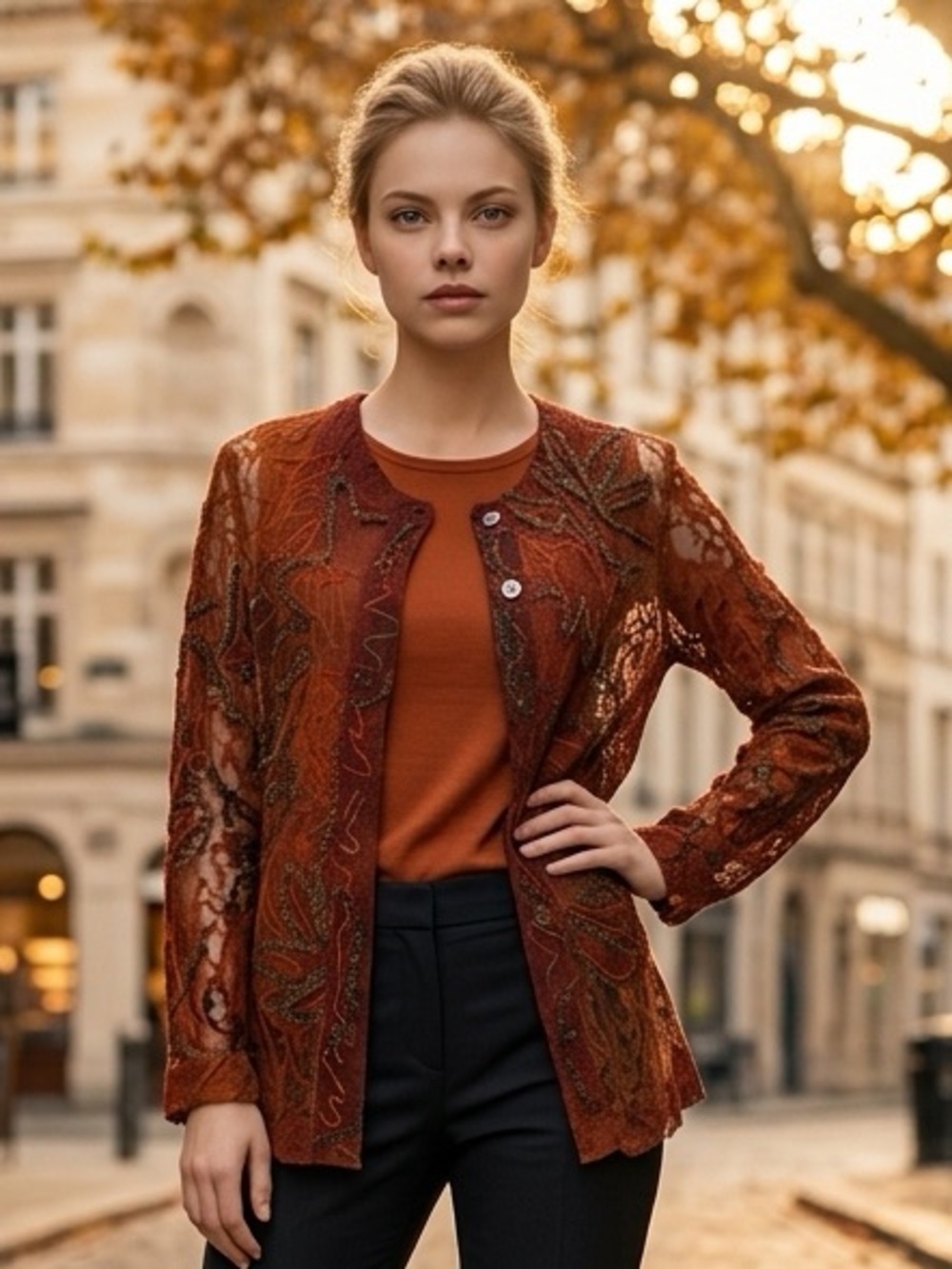 Chico’s Women’s Casual 2 Piece Set Size 1 Lace Jacket Tank Rust Fall Layered Top